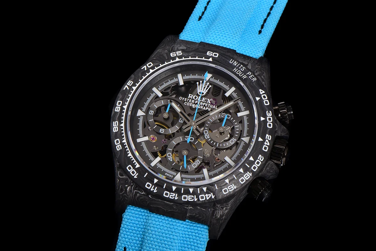 DIW Daytona Skeleton Dial in Carbon with Blue Hands on Blue Nylon Strap