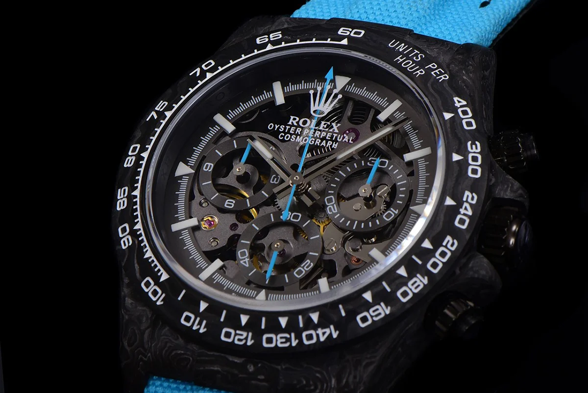 DIW Daytona Skeleton Dial in Carbon with Blue Hands on Blue Nylon Strap