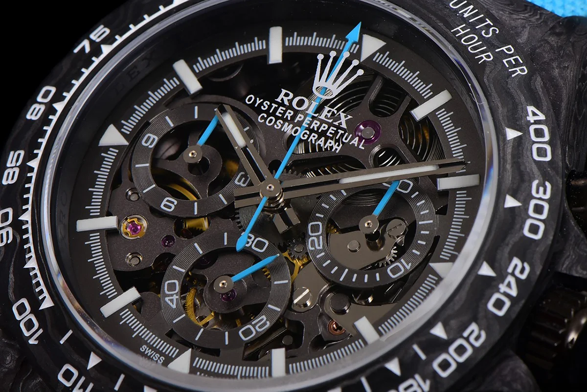 DIW Daytona Skeleton Dial in Carbon with Blue Hands on Blue Nylon Strap