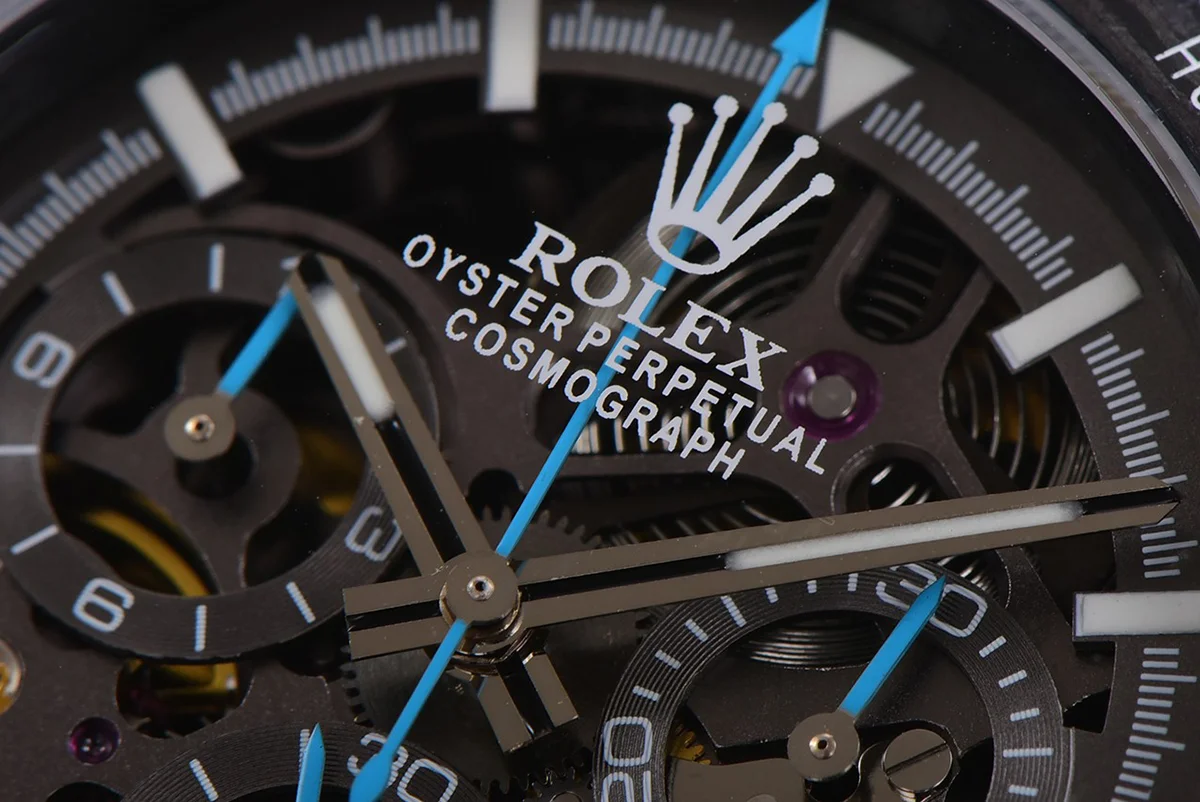DIW Daytona Skeleton Dial in Carbon with Blue Hands on Blue Nylon Strap