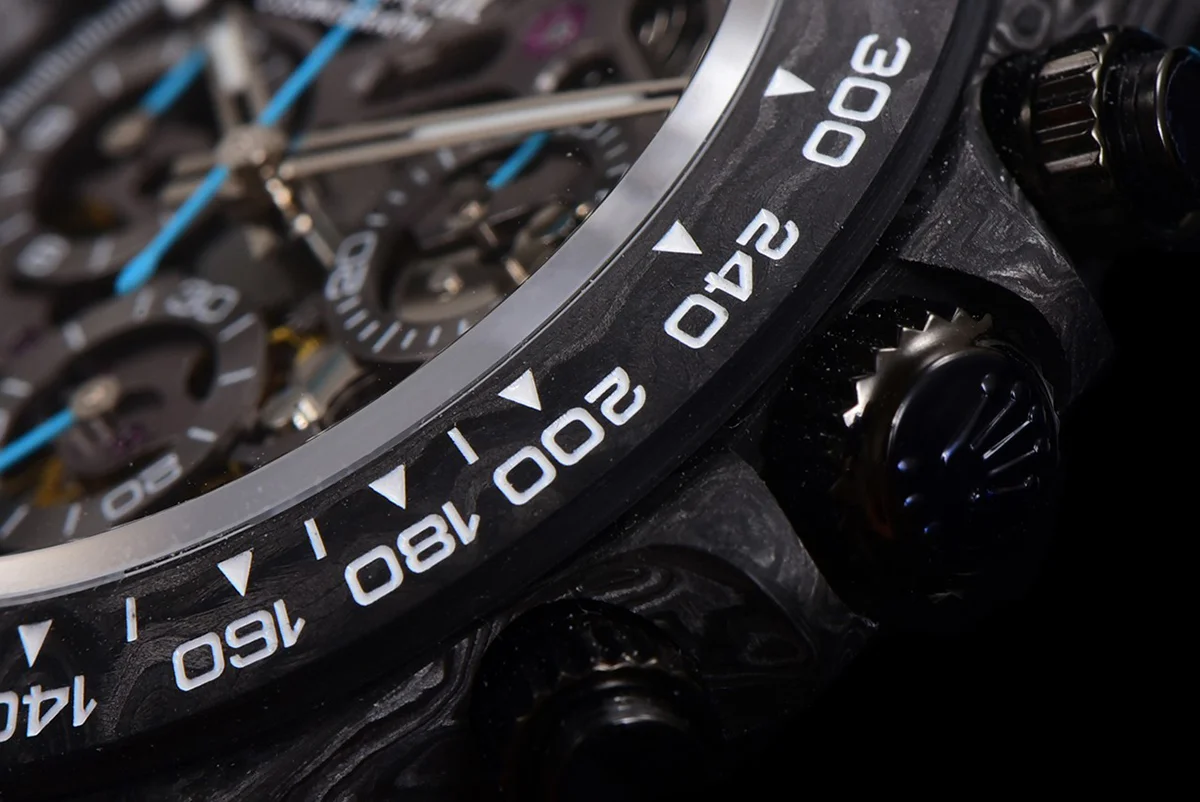 DIW Daytona Skeleton Dial in Carbon with Blue Hands on Blue Nylon Strap