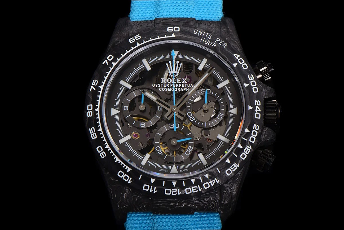 DIW Daytona Skeleton Dial in Carbon with Blue Hands on Blue Nylon Strap