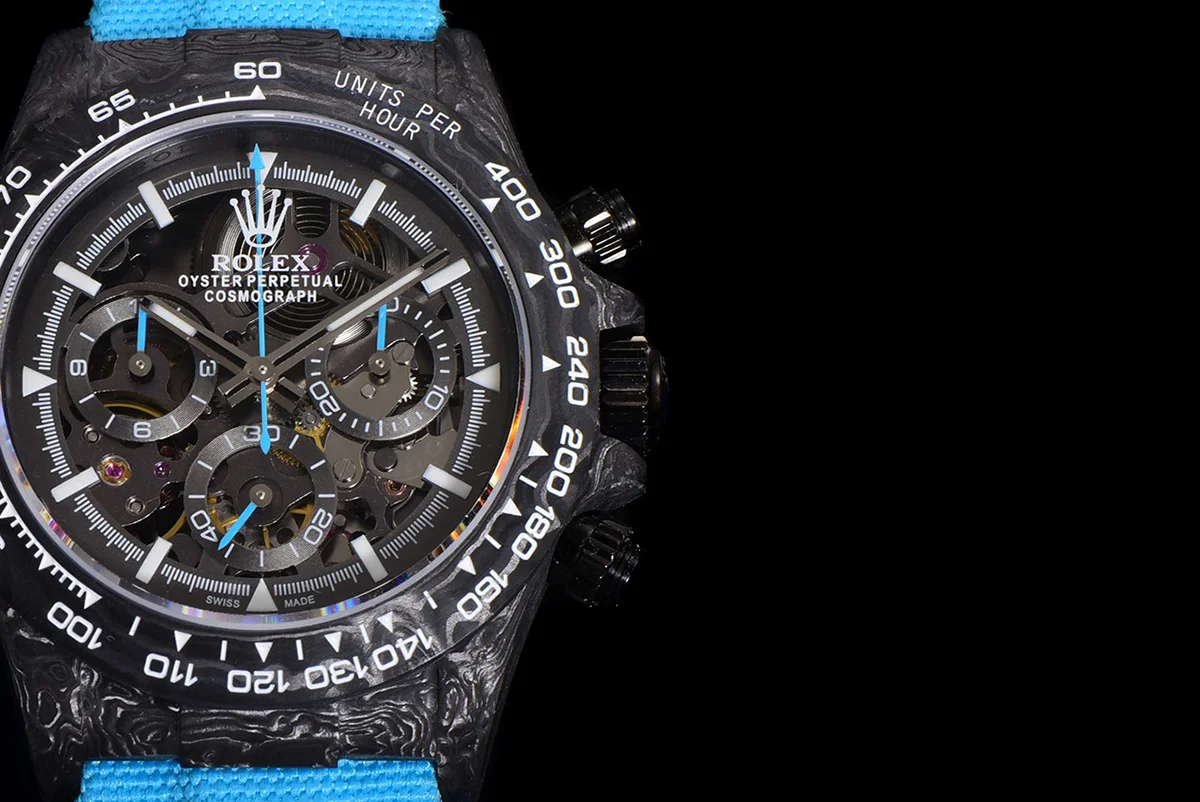 DIW Daytona Skeleton Dial in Carbon with Blue Hands on Blue Nylon Strap