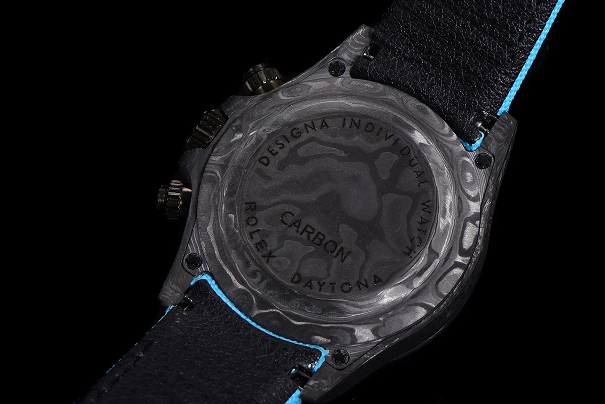 DIW Daytona Skeleton Dial in Carbon with Blue Hands on Blue Nylon Strap