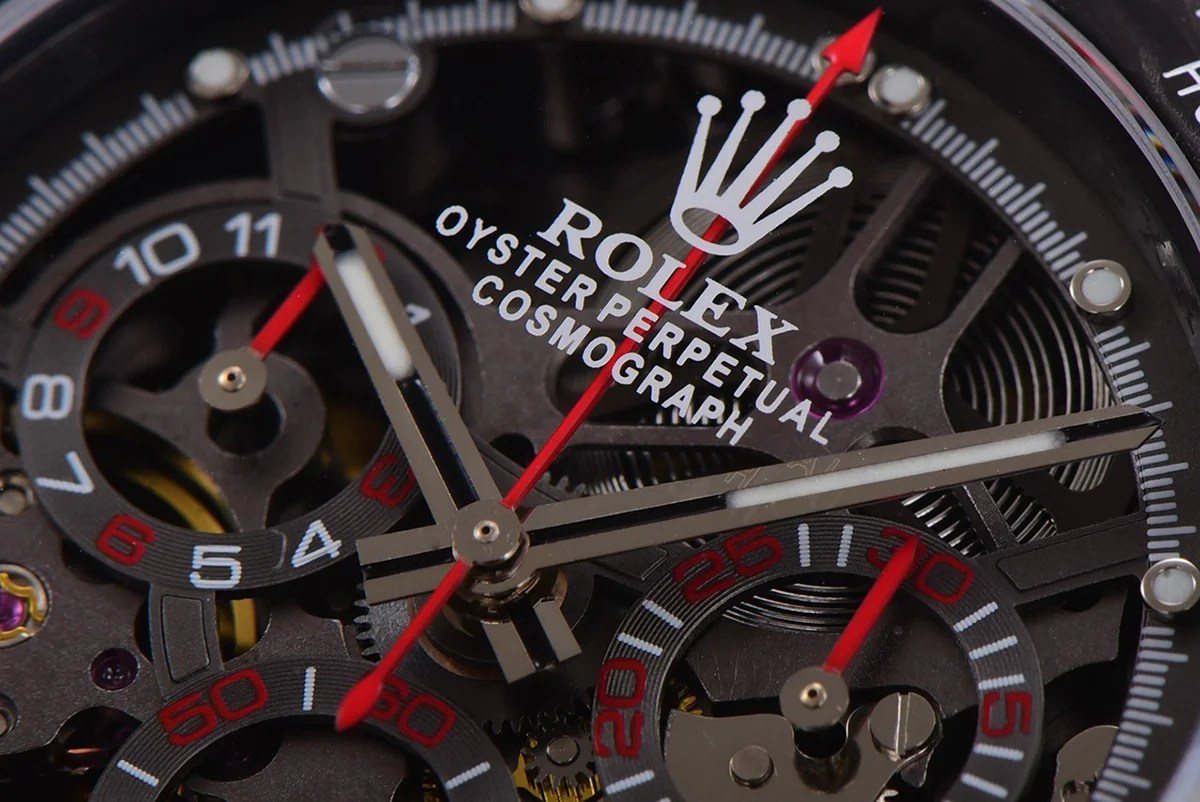 DIW Daytona Skeleton Dial in Carbon with Red Hands on Red Nylon Strap