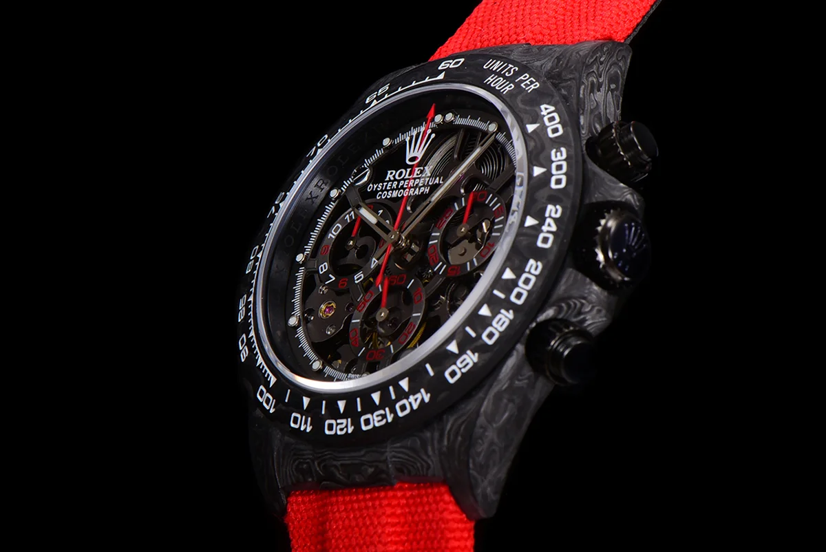DIW Daytona Skeleton Dial in Carbon with Red Hands on Red Nylon Strap