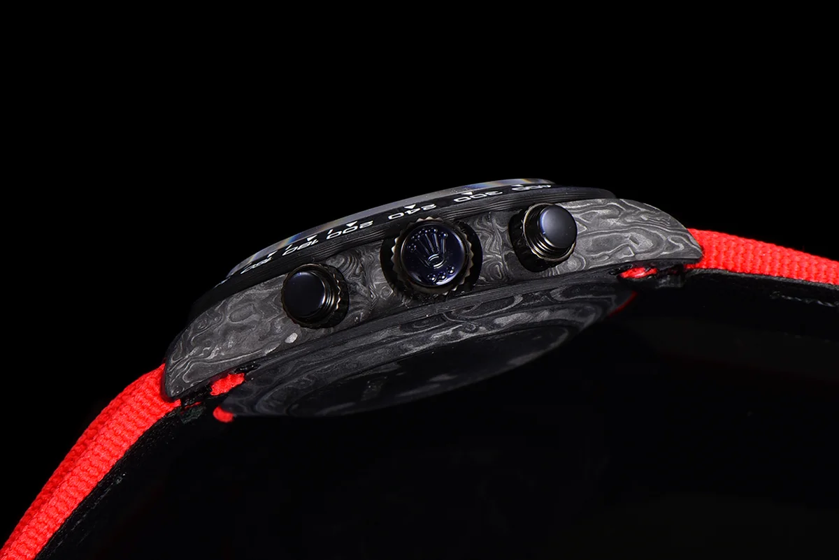 DIW Daytona Skeleton Dial in Carbon with Red Hands on Red Nylon Strap