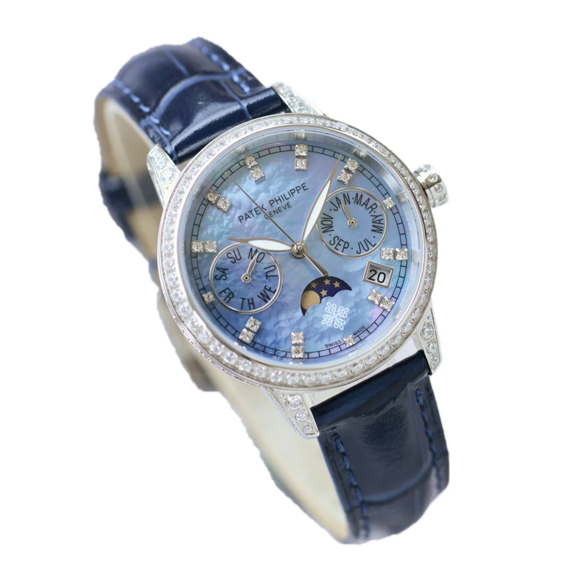 Grand Complications Ladies First Perpetual Calendar with Diamond Bezel in White Gold on Leather Strap