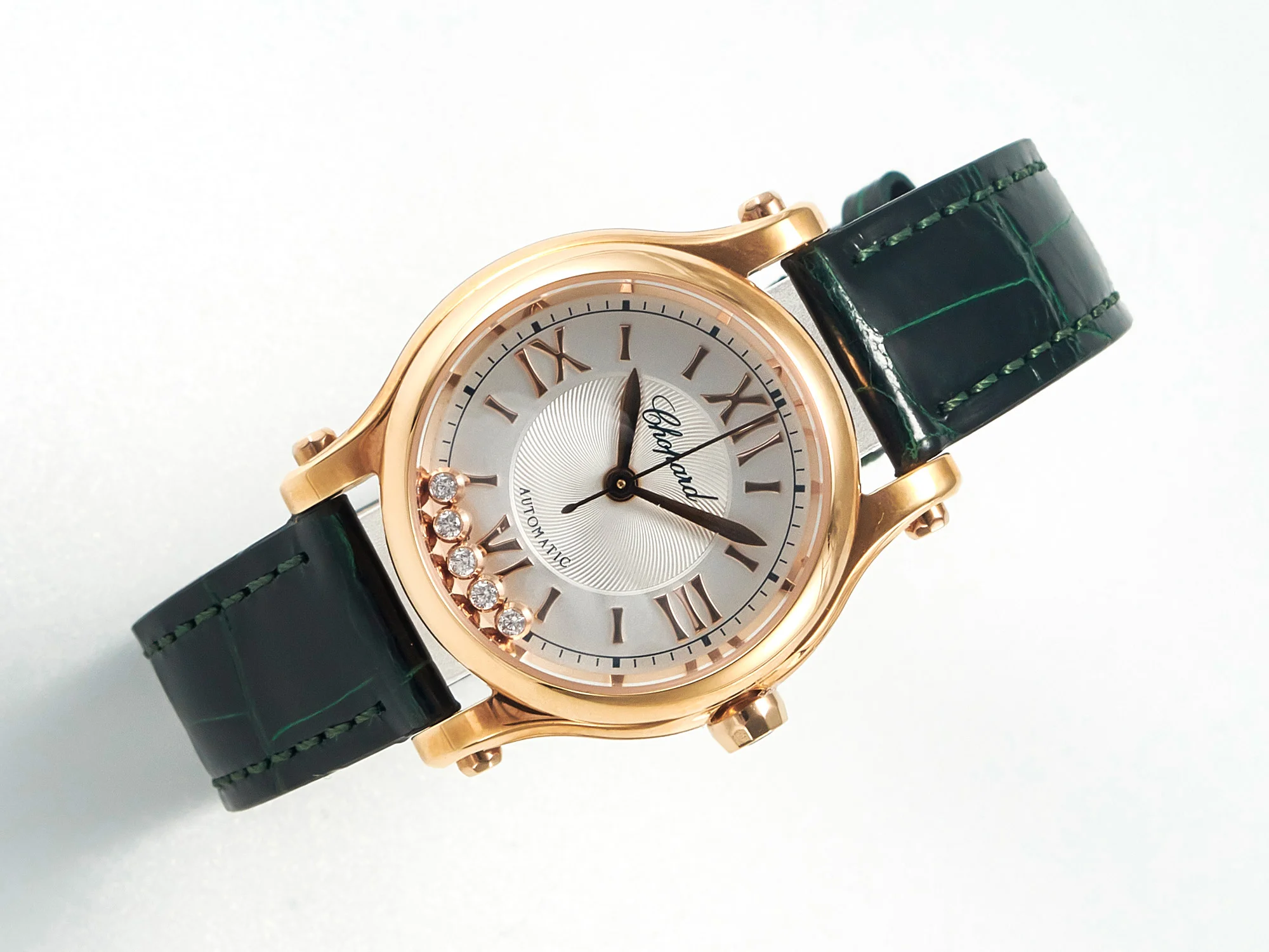 Happy Sports 30MM YF RG White Dial on Green Leather Strap A2892