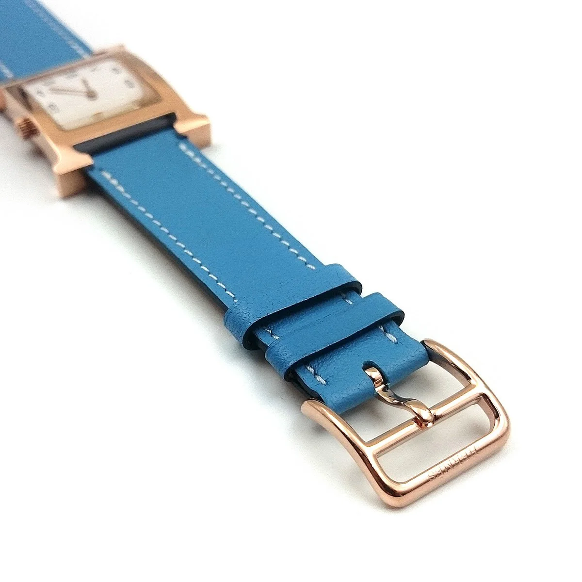 Heure H Rose Gold on Light Blue Fjord Leather Strap