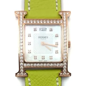 Heure H Rose Gold with Diamond Bezel and Markers on Green Epsom Leather Strap