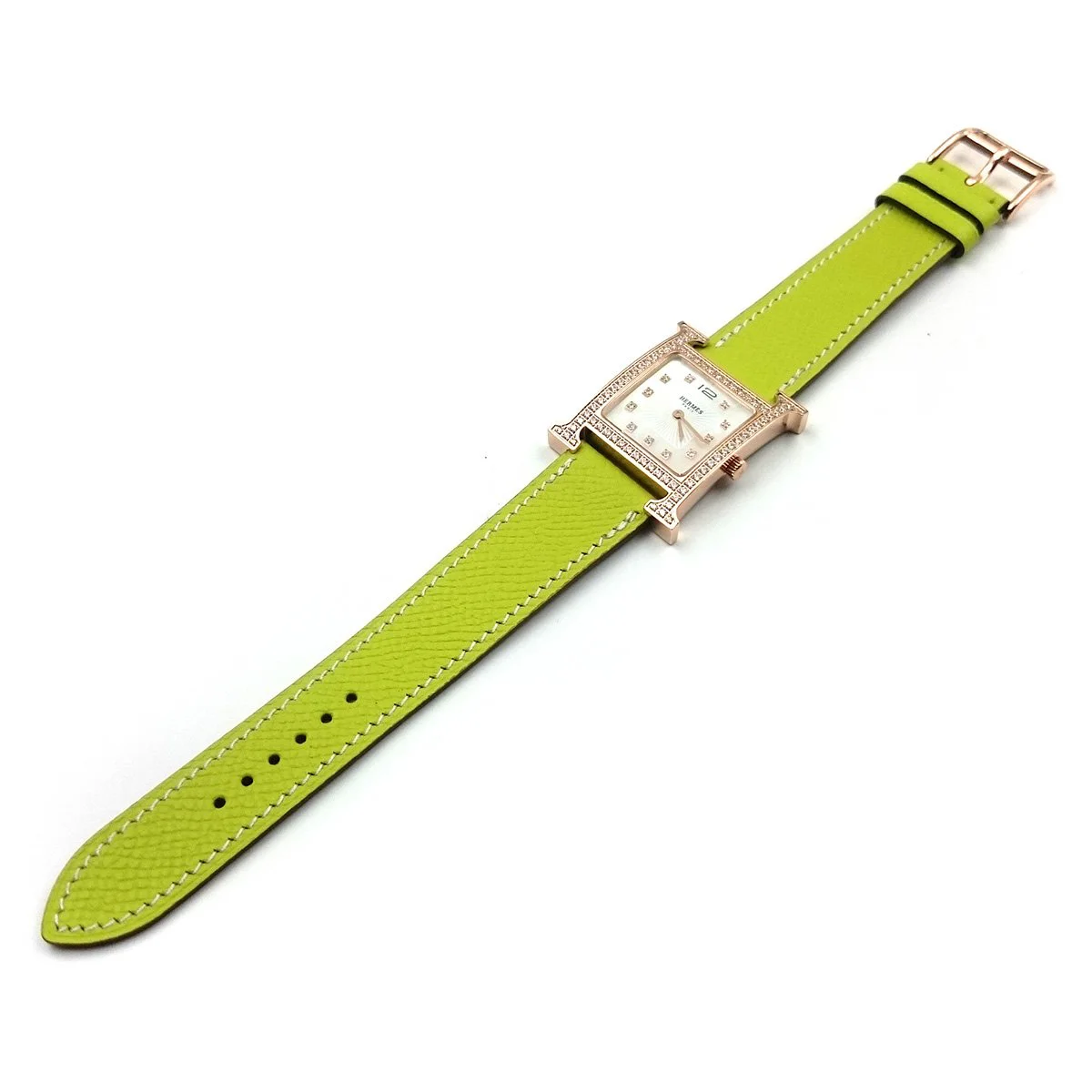 Heure H Rose Gold with Diamond Bezel and Markers on Green Epsom Leather Strap