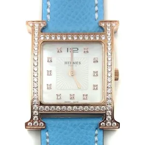 Heure H Rose Gold with Diamond Bezel and Markers on Light Blue Epsom Leather Strap