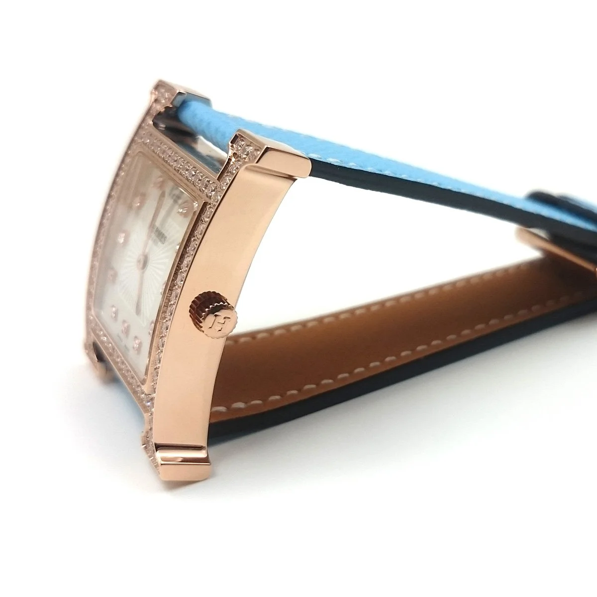 Heure H Rose Gold with Diamond Bezel and Markers on Light Blue Epsom Leather Strap