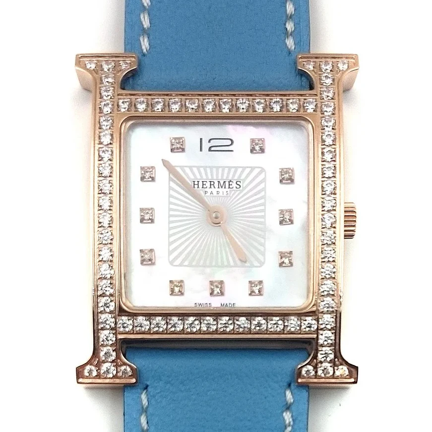 Heure H Rose Gold with Diamond Bezel and Markers on Light Blue Fjord Leather Strap