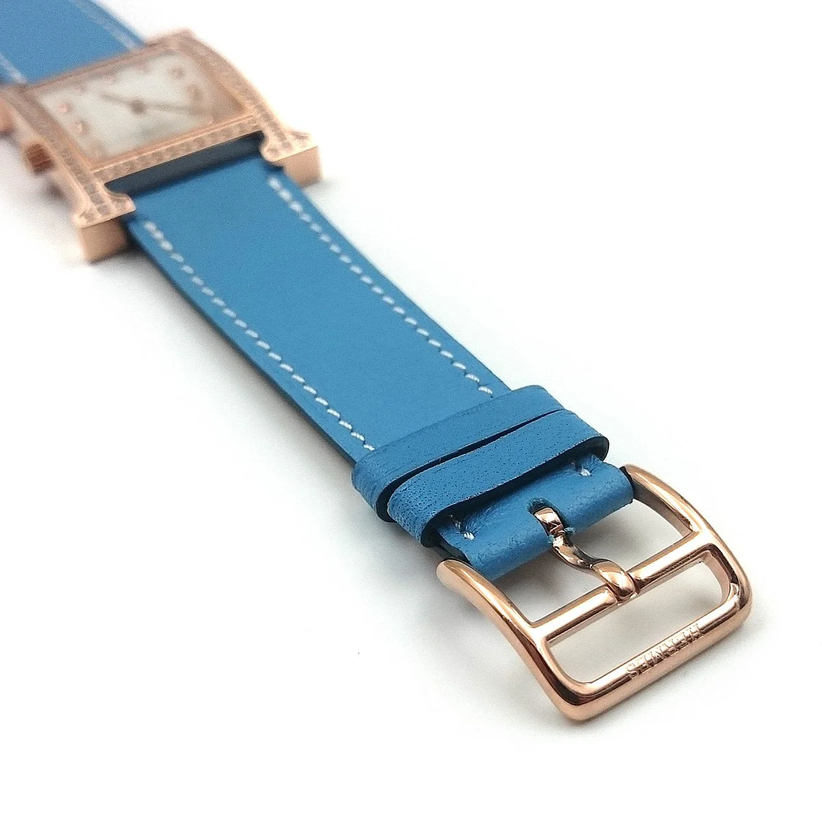 Heure H Rose Gold with Diamond Bezel and Markers on Light Blue Fjord Leather Strap