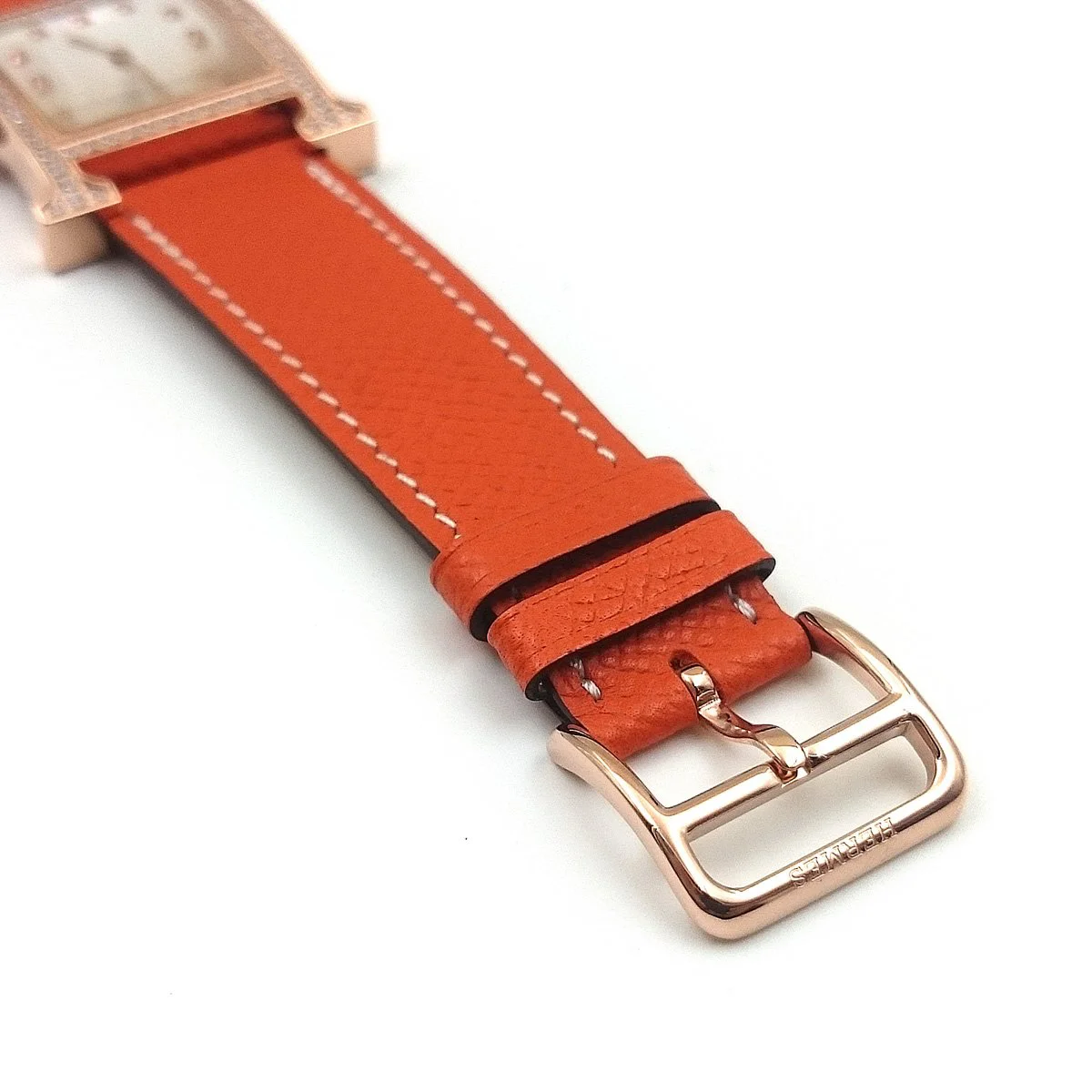 Heure H Rose Gold with Diamond Bezel and Markers on Orange Epsom Leather Strap