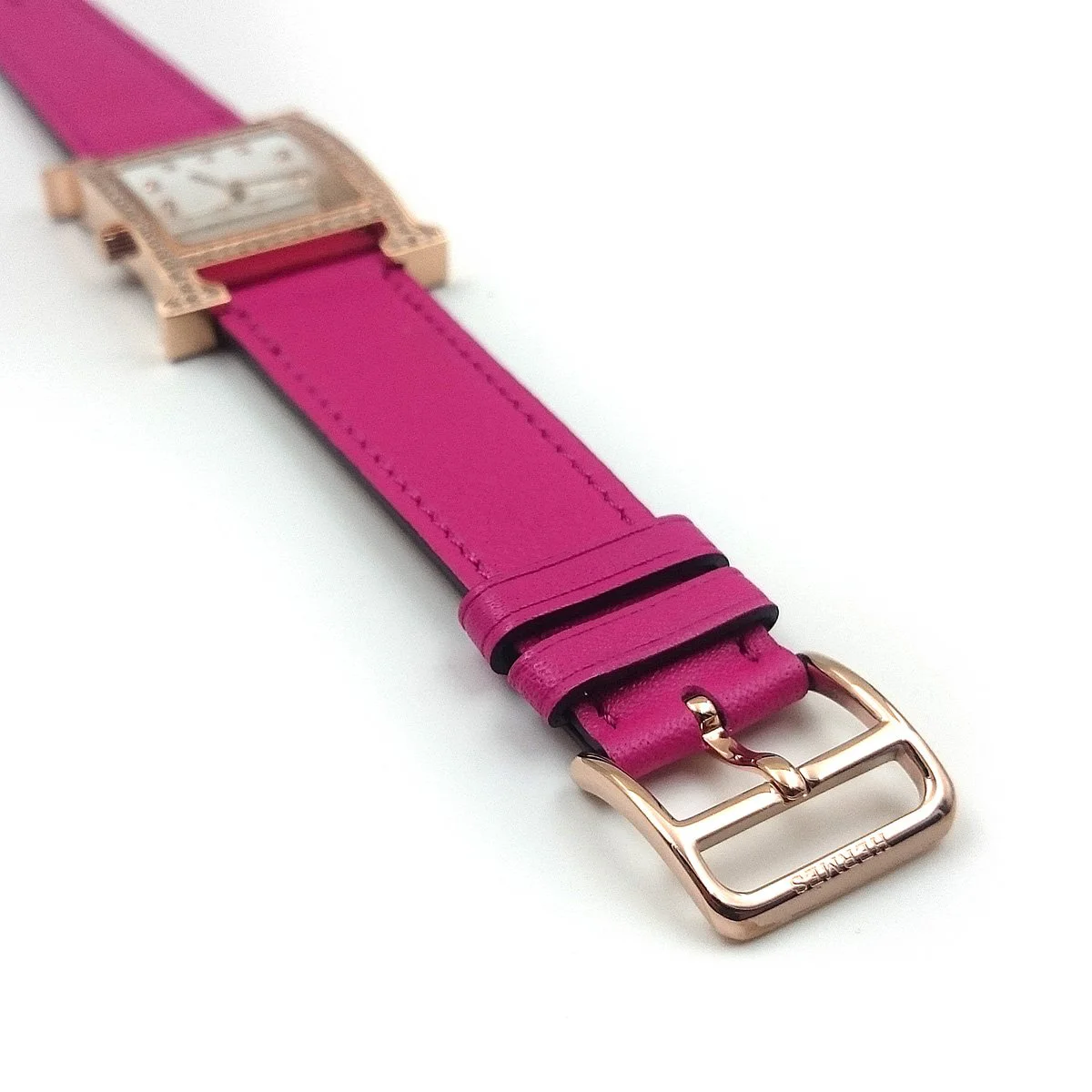 Heure H Rose Gold with Diamond Bezel and Markers on Pink Fjord Leather Strap
