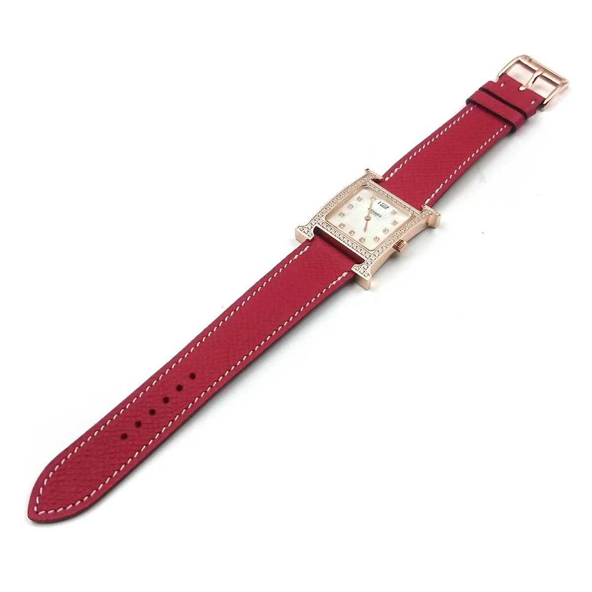Heure H Rose Gold with Diamond Bezel and Markers on Red Epsom Leather Strap