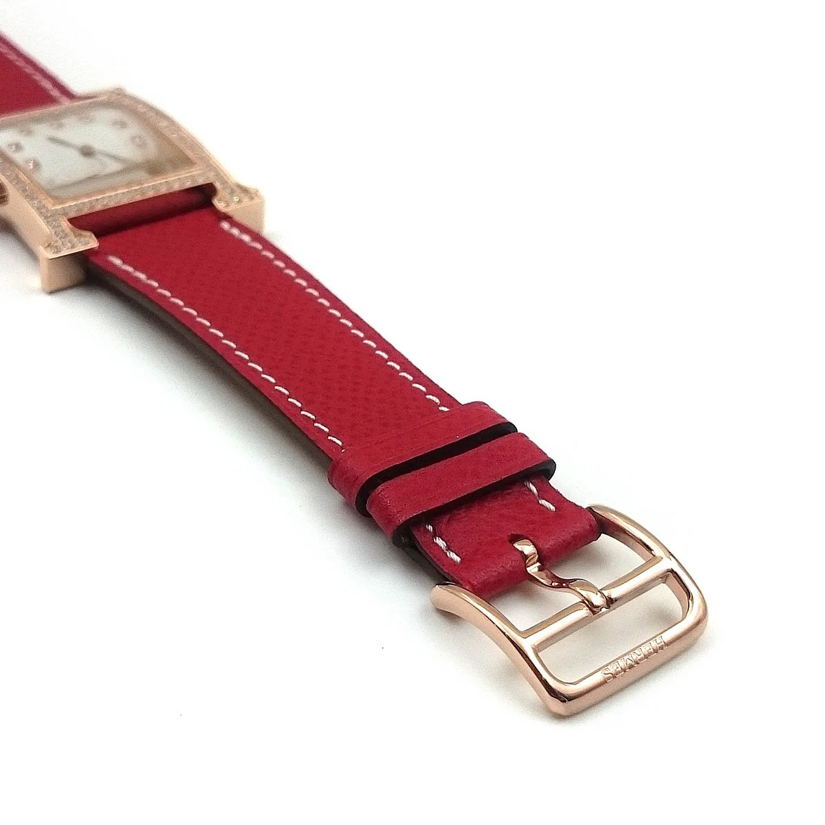 Heure H Rose Gold with Diamond Bezel and Markers on Red Epsom Leather Strap