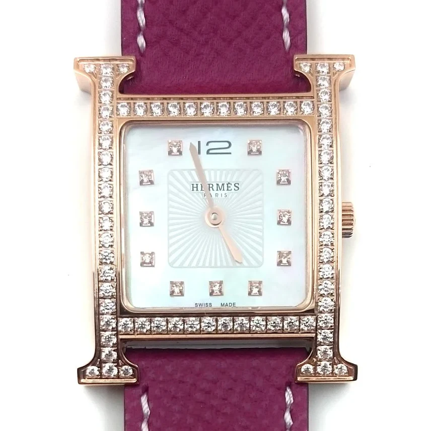 Heure H Rose Gold with Diamond Bezel and Markers on Violet Epsom Leather Strap
