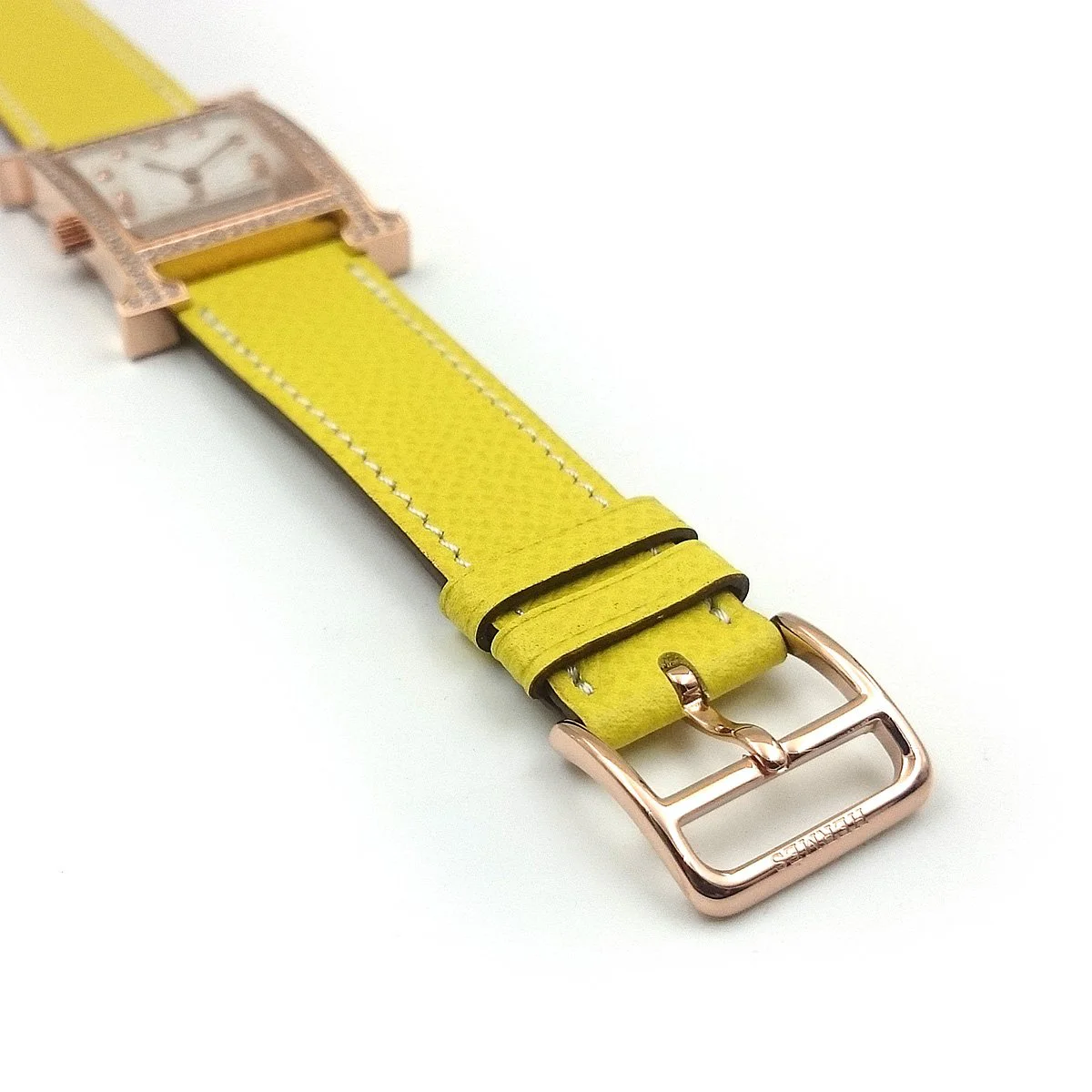 Heure H Rose Gold with Diamond Bezel and Markers on Yellow Epsom Leather Strap