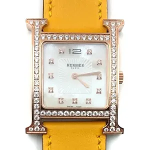 Heure H Rose Gold with Diamond Bezel and Markers on Yellow Fjord Leather Strap