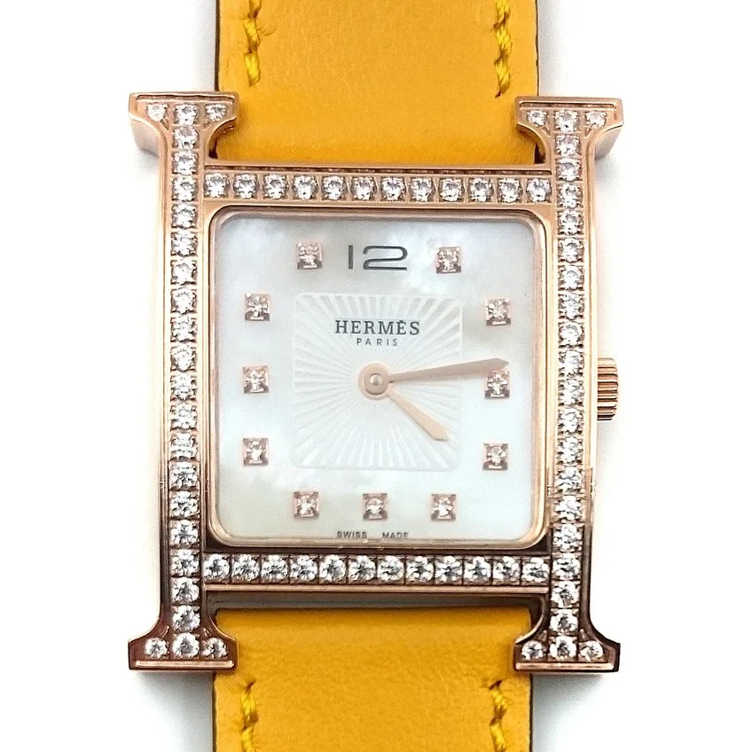 Heure H Rose Gold with Diamond Bezel and Markers on Yellow Fjord Leather Strap