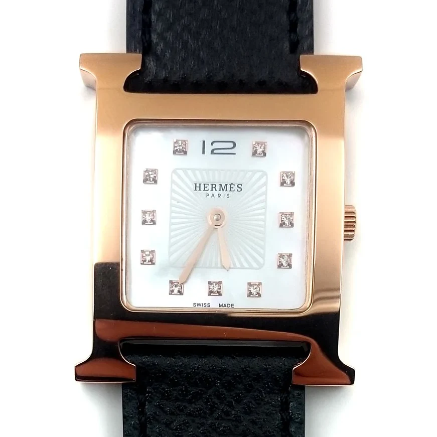 Heure H Rose Gold with Diamond Markers on Black Epsom Leather Strap
