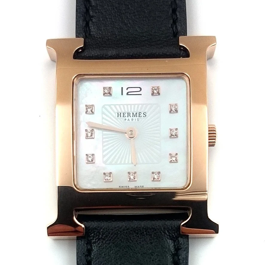 Heure H Rose Gold with Diamond Markers on Black Fjord Leather Strap