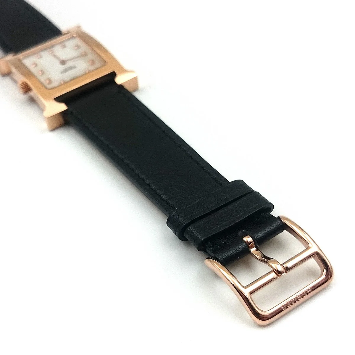 Heure H Rose Gold with Diamond Markers on Black Fjord Leather Strap