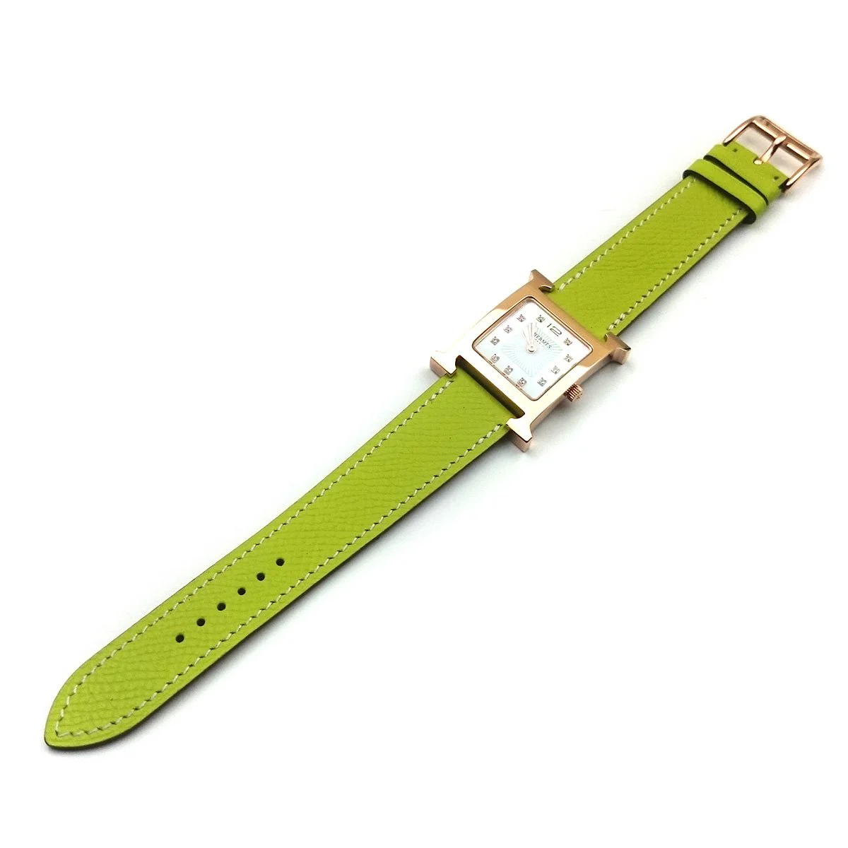 Heure H Rose Gold with Diamond Markers on Green Epsom Leather Strap
