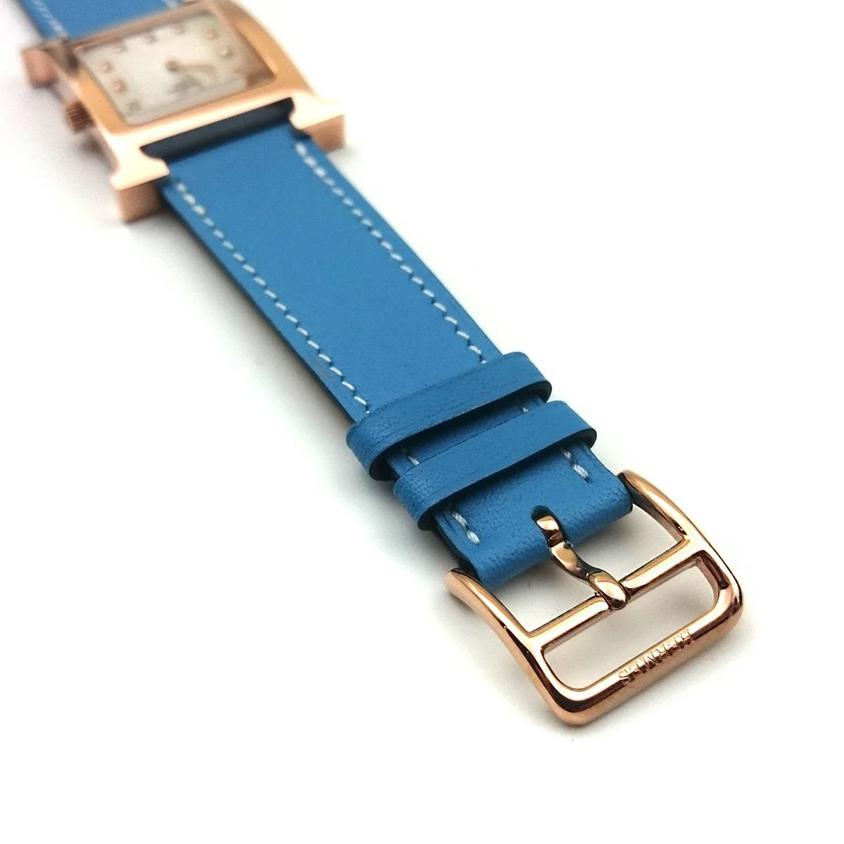 Heure H Rose Gold with Diamond Markers on Light Blue Fjord Leather Strap