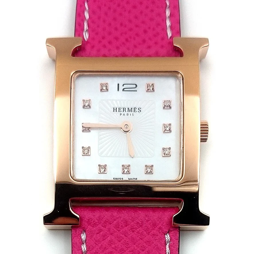 Heure H Rose Gold with Diamond Markers on Pink Epsom Leather Strap