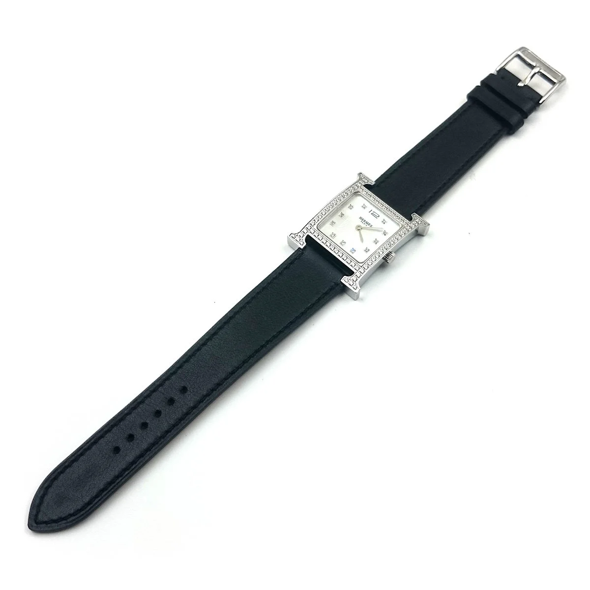 Heure H Steel with Diamond Bezel and Markers on Black Fjord Leather Strap