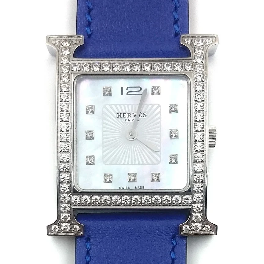 Heure H Steel with Diamond Bezel and Markers on Blue Fjord Leather Strap