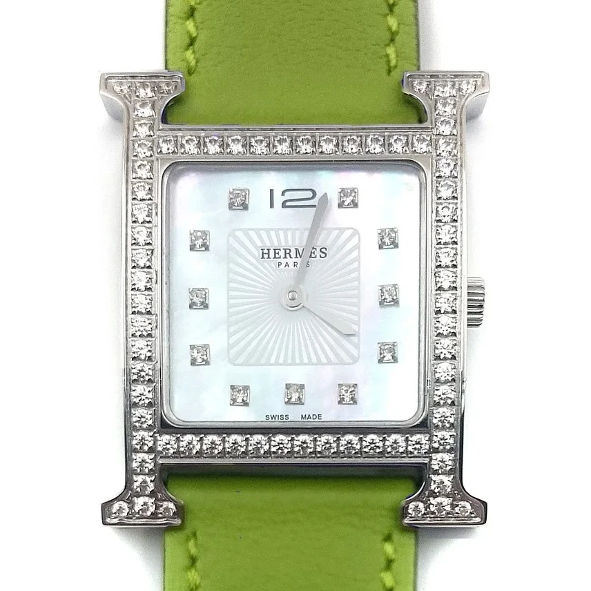 Heure H Steel with Diamond Bezel and Markers on Green Fjord Leather Strap