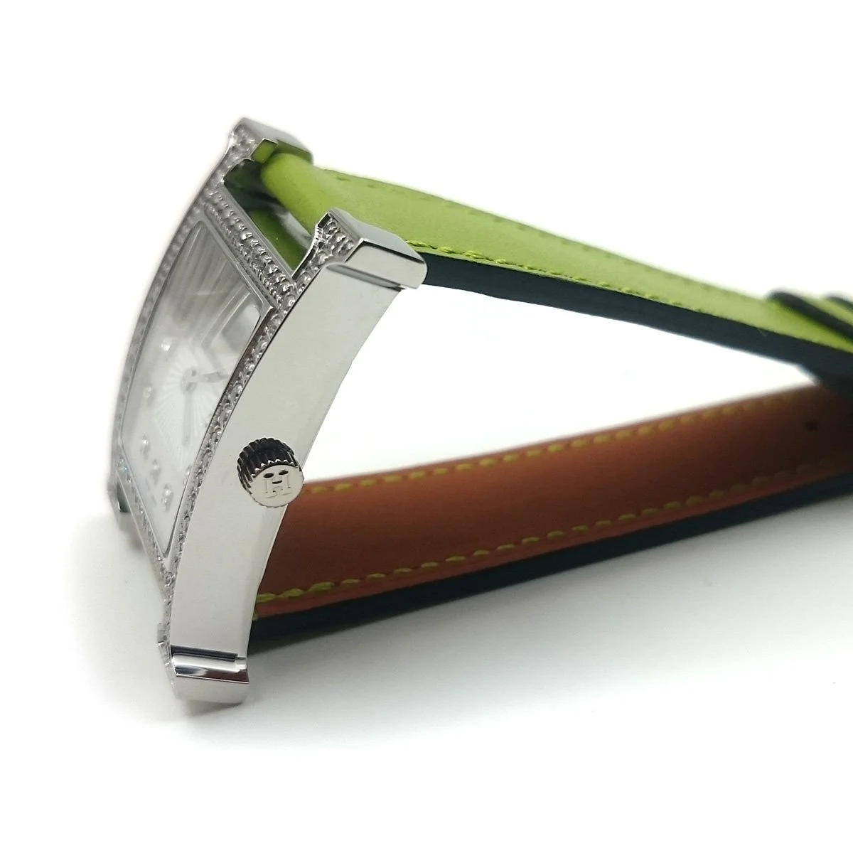 Heure H Steel with Diamond Bezel and Markers on Green Fjord Leather Strap