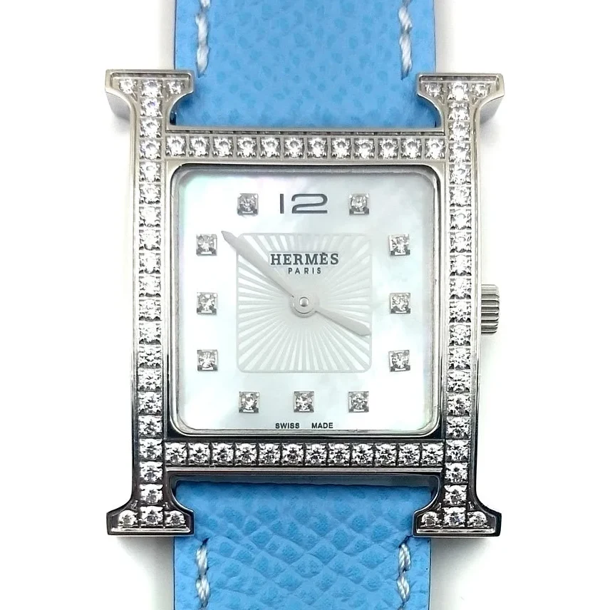 Heure H Steel with Diamond Bezel and Markers on Light Blue Epsom Leather Strap