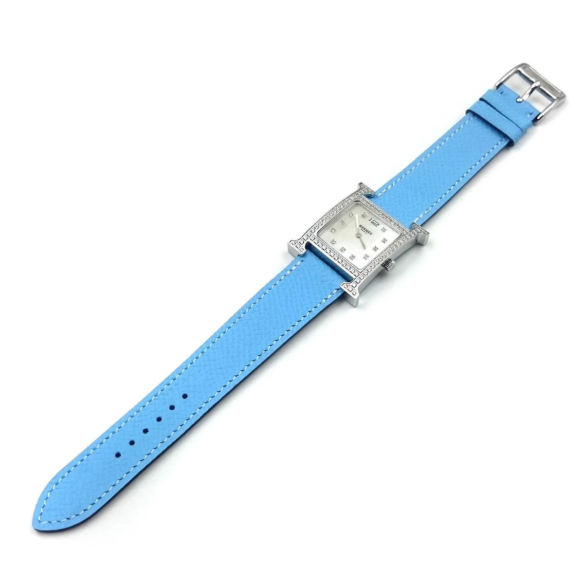 Heure H Steel with Diamond Bezel and Markers on Light Blue Epsom Leather Strap