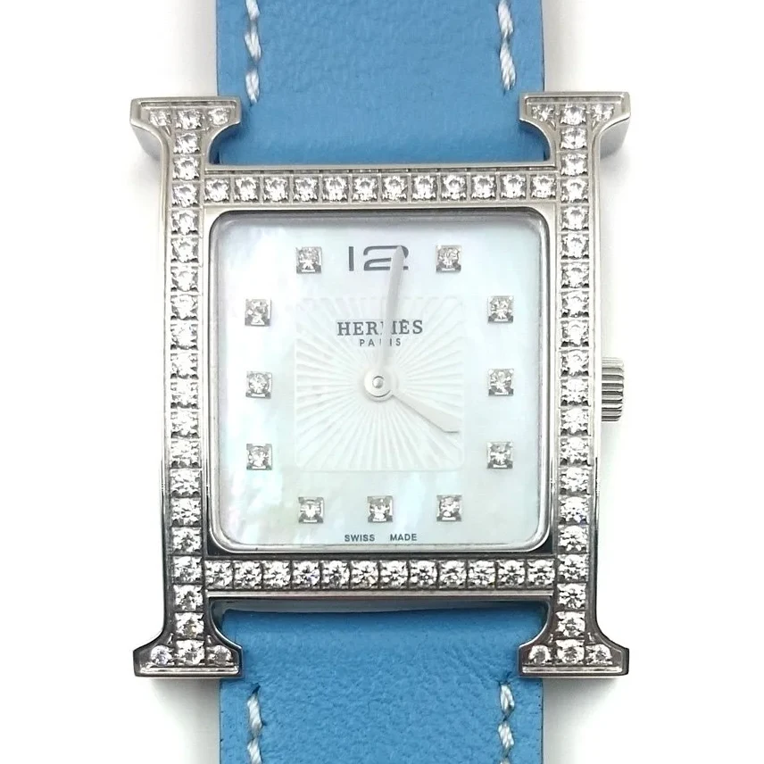 Heure H Steel with Diamond Bezel and Markers on Light Blue Fjord Leather Strap