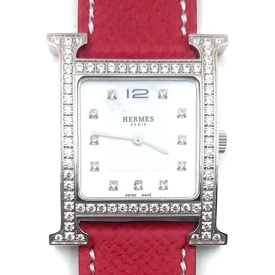 Heure H Steel with Diamond Bezel and Markers on Red Epsom Leather Strap