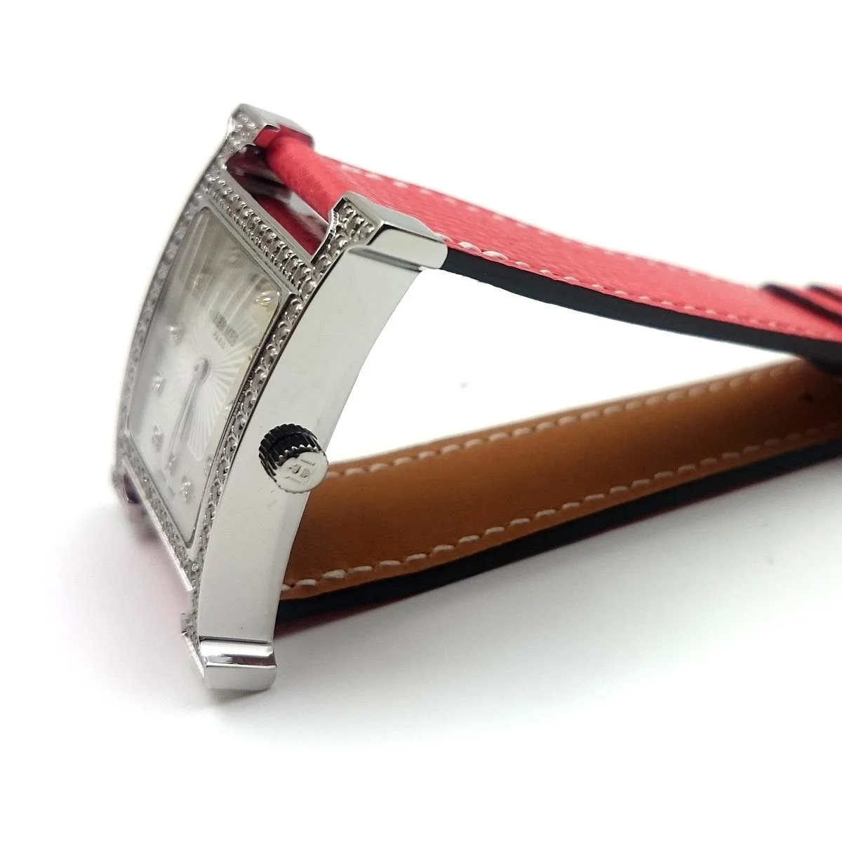 Heure H Steel with Diamond Bezel and Markers on Vermilion Epsom Leather Strap