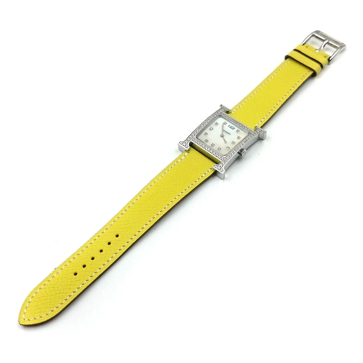 Heure H Steel with Diamond Bezel and Markers on Yellow Epsom Leather Strap
