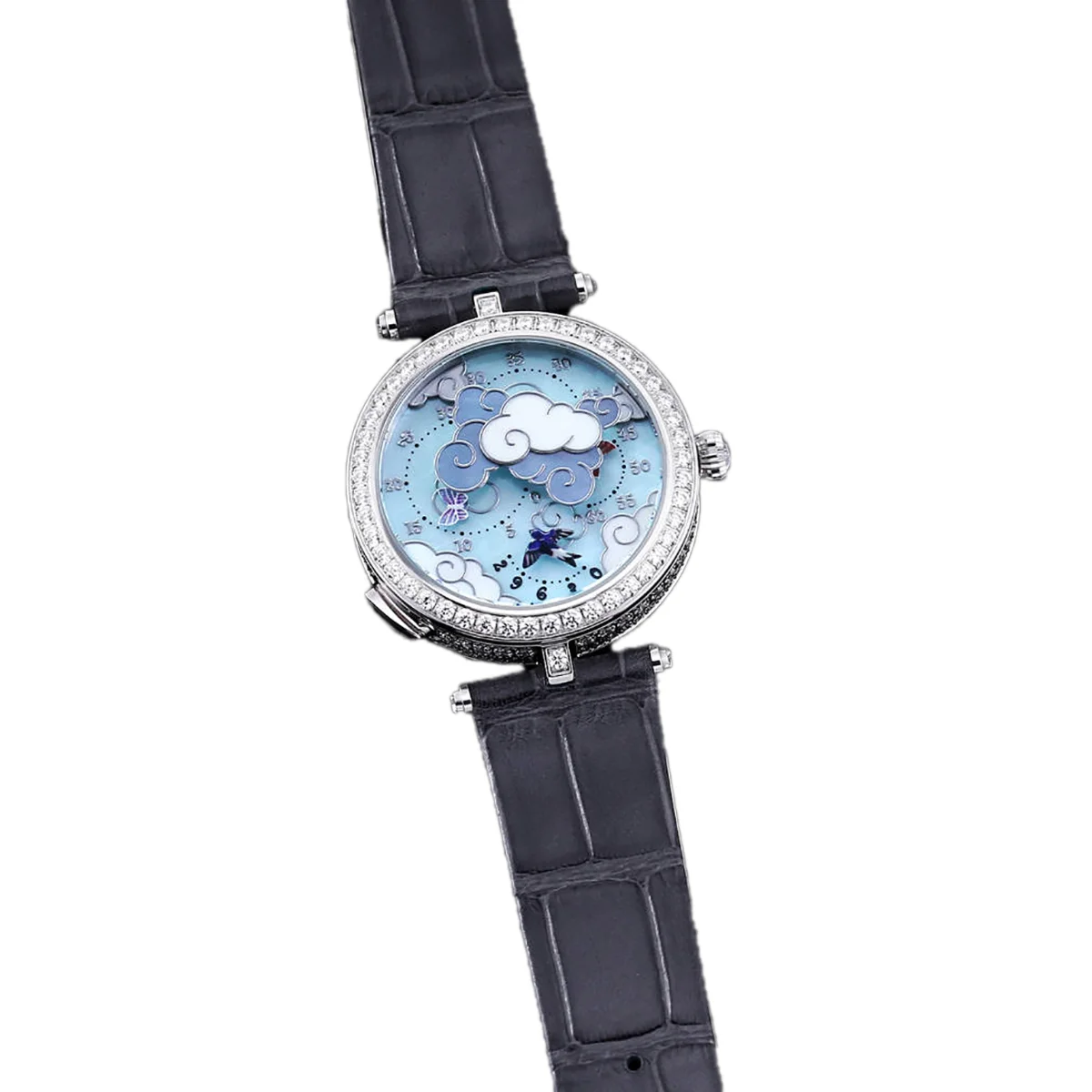Lady Arpels Ronde des Papillons Watch in White Gold on Leather Strap