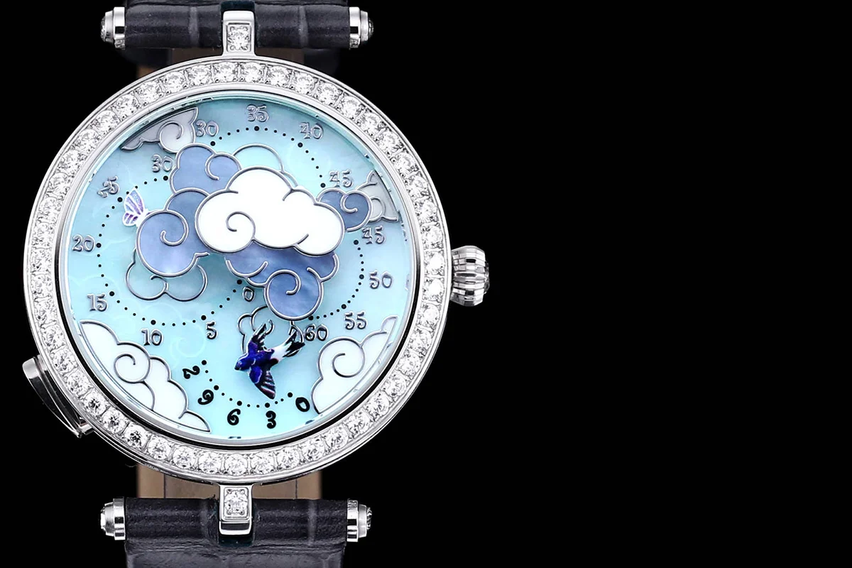 Lady Arpels Ronde des Papillons Watch in White Gold on Leather Strap