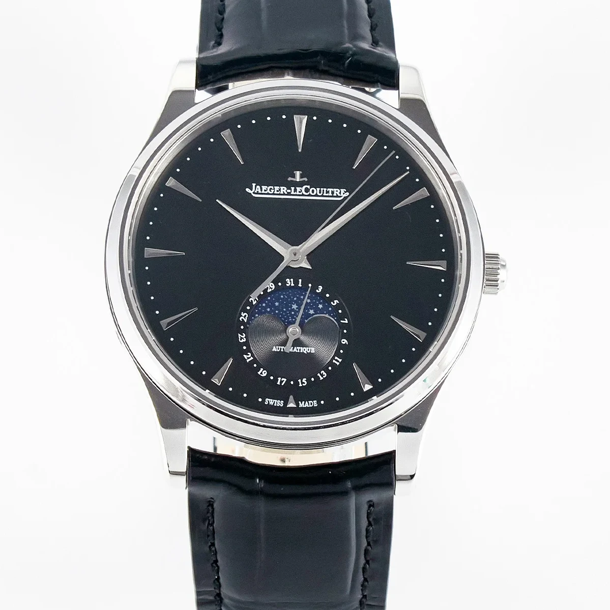 Master Ultra Thin Moon 1368420 SS Z+F 1:1 Best Edition Black Dial on Black Leather Strap SA925 Super Clone