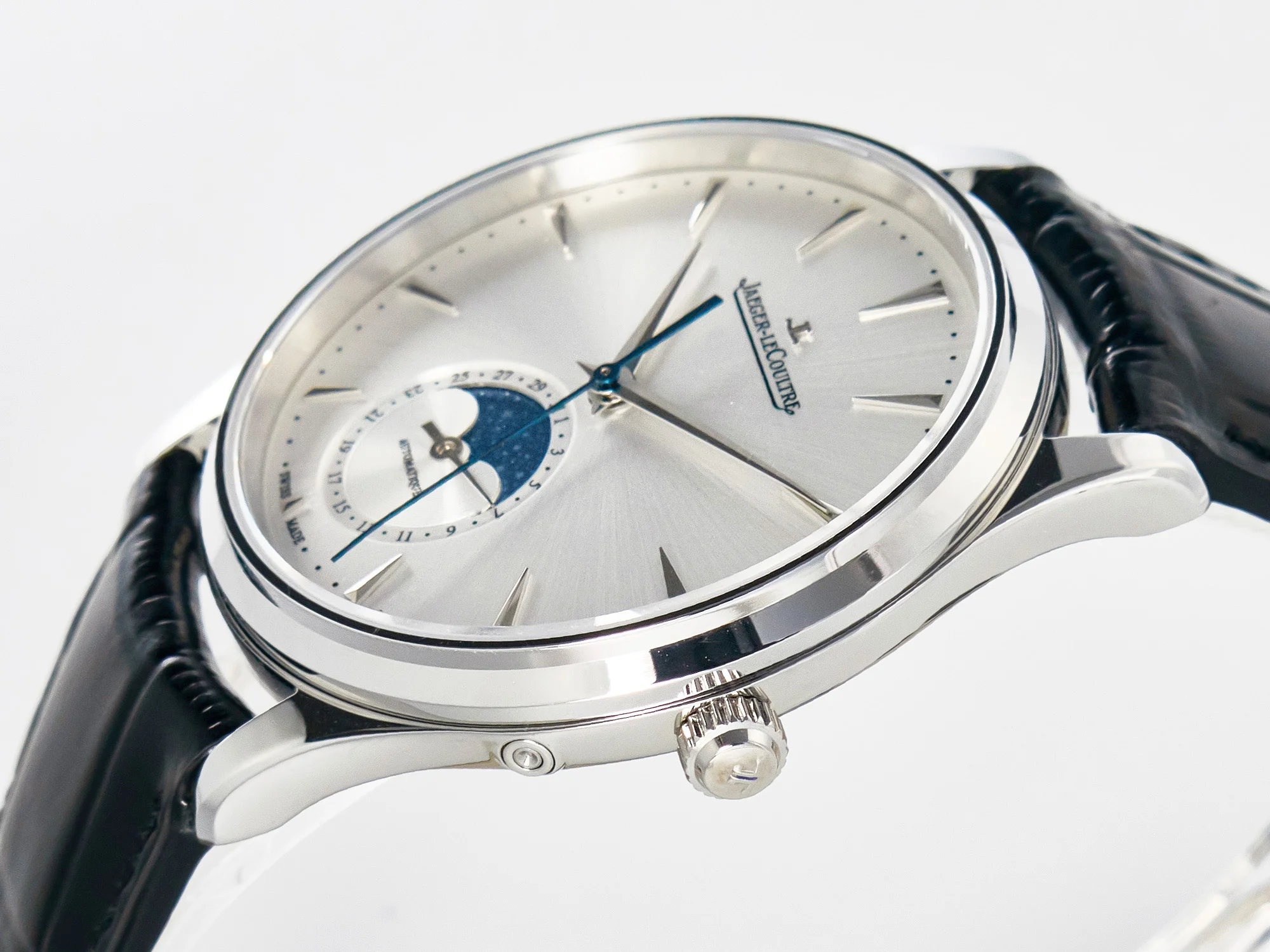 Master Ultra Thin Moon 1368420 SS Z+F 1:1 Best Edition White Dial on Black Leather Strap SA925 Super Clone