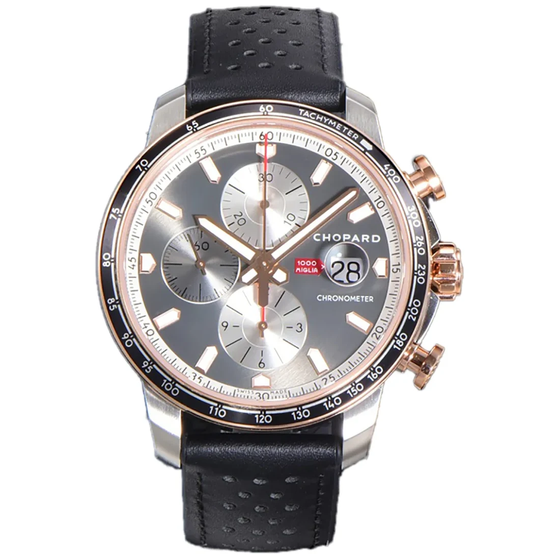 Mille Miglia GTS Chrono Grey Dial in Rose Gold/Steel on Black Leather Strap