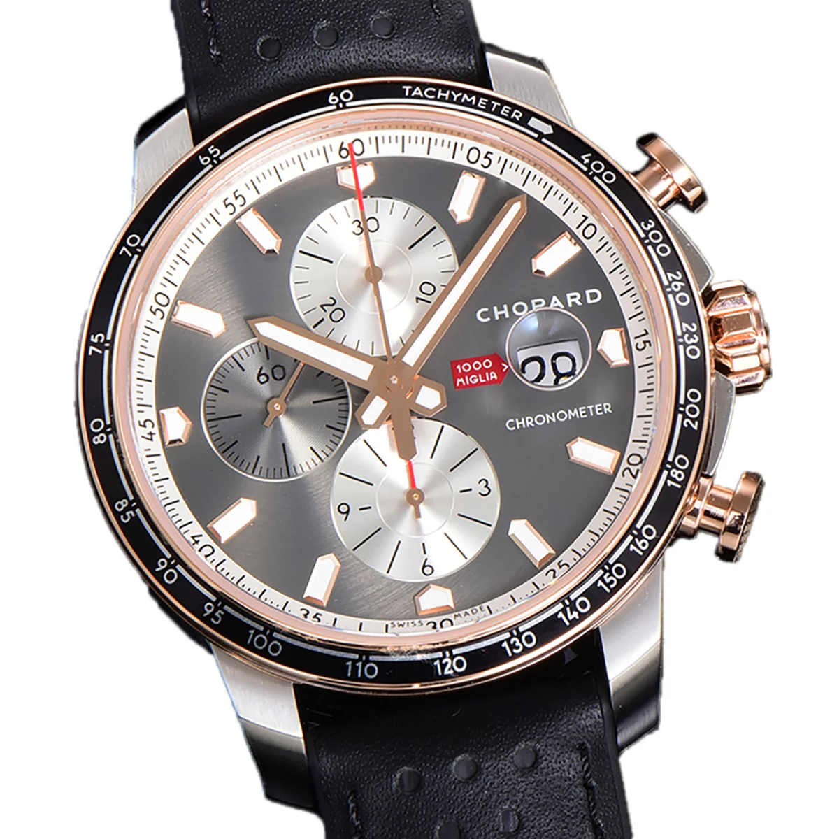Mille Miglia GTS Chrono Grey Dial in Rose Gold/Steel on Black Leather Strap